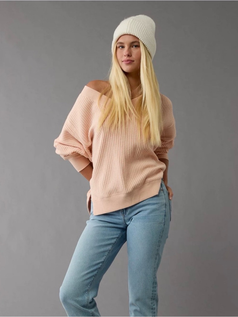 American Eagle Big Hug V-Neck Waffle Sweatshirt